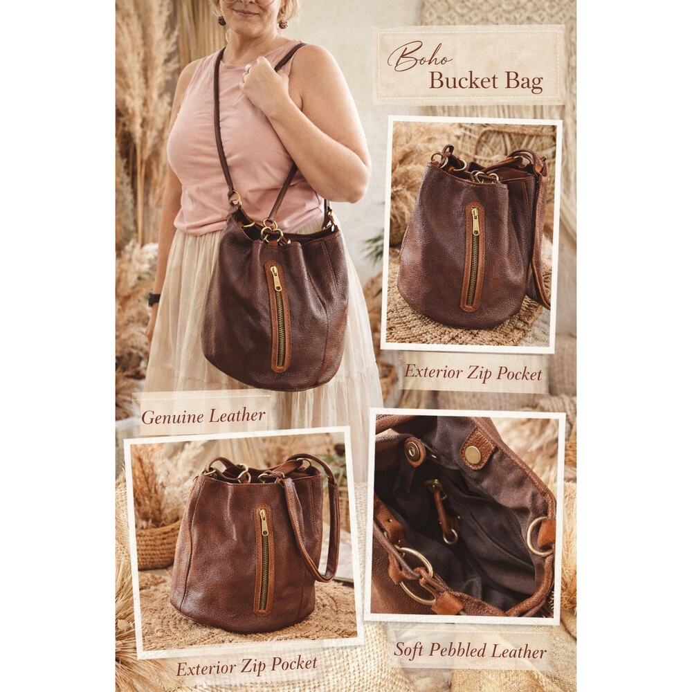 PATTIE JARRELL Colorado Brown Genuine Leather Bucket HOBO MOTORCYCLE Bag Purse